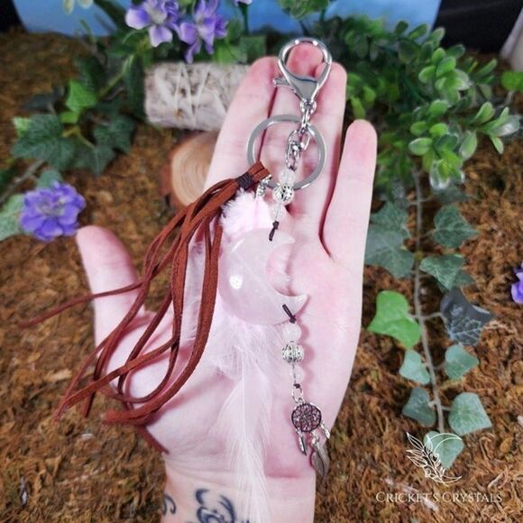 Handmade Rose Quartz Moon Keychain #13 - Picture 1 of 2